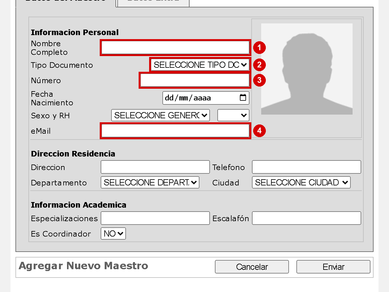 Ficha del maestro con nombre, tipo de documento, número y correo