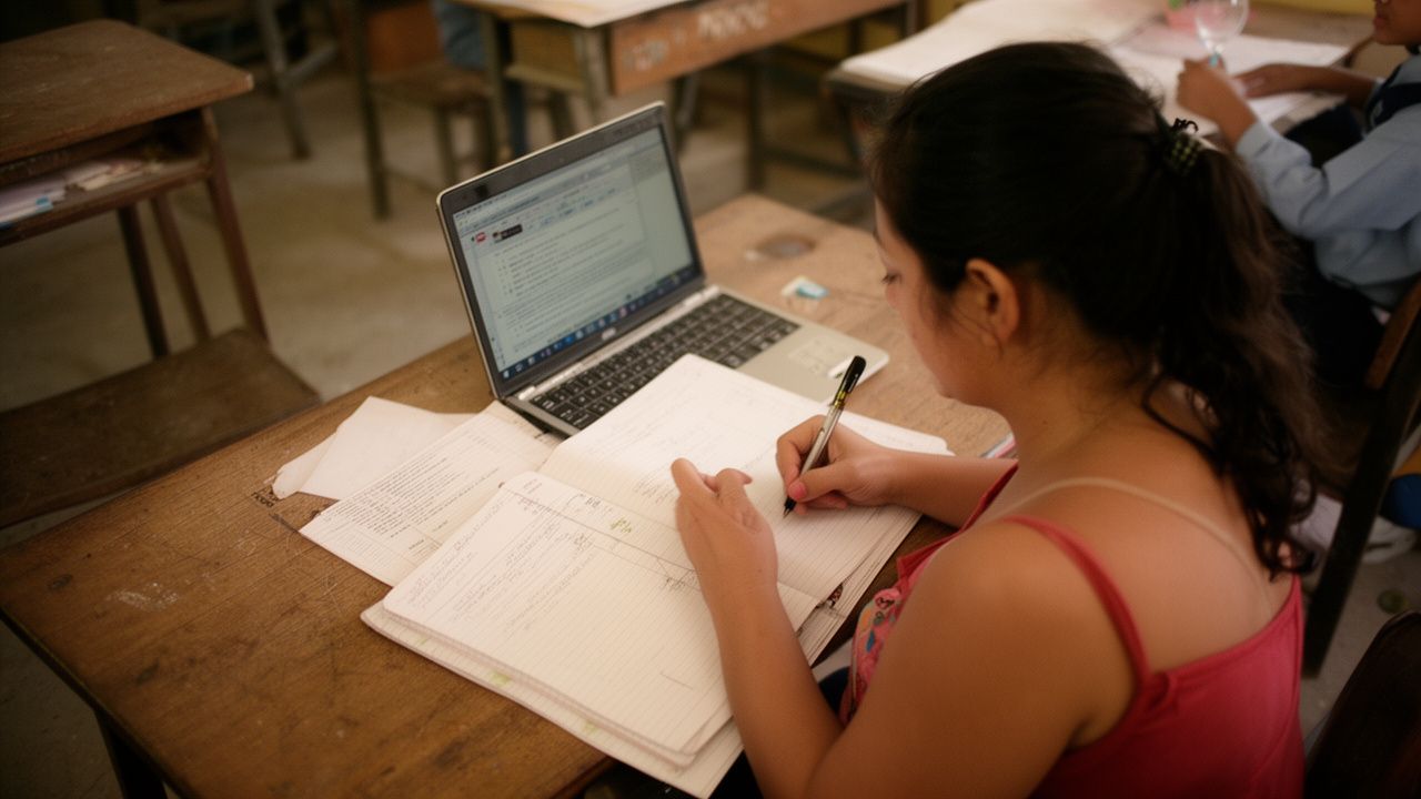 Docente escribiendo en su cuaderno de notas junto a un portátil