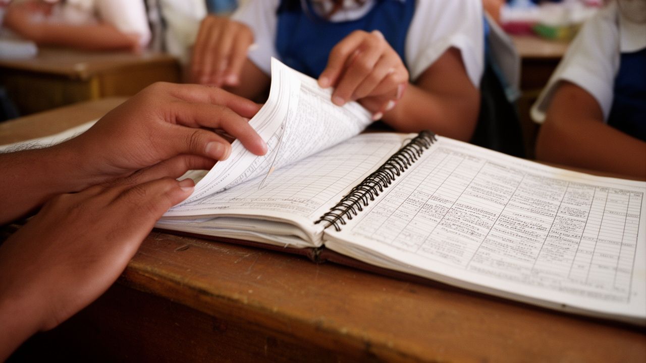 Manos pasando las páginas del libro de matrículas del colegio