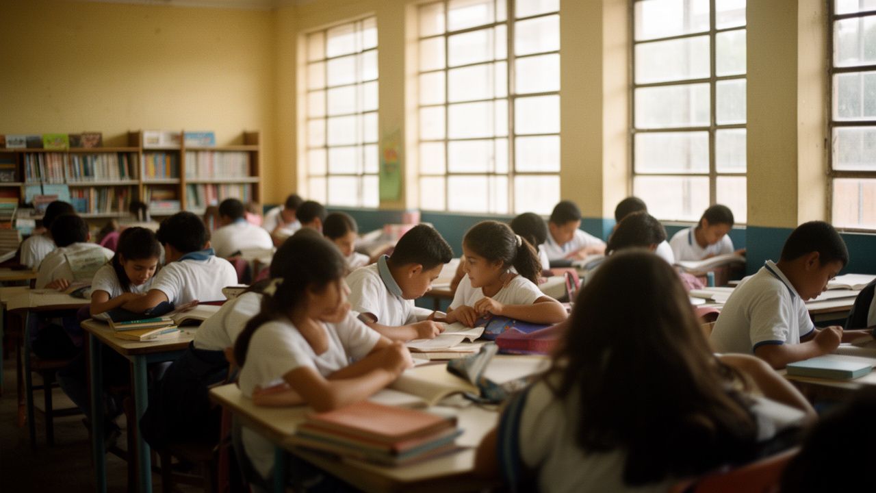 Estudiantes consultando material en la biblioteca del colegio