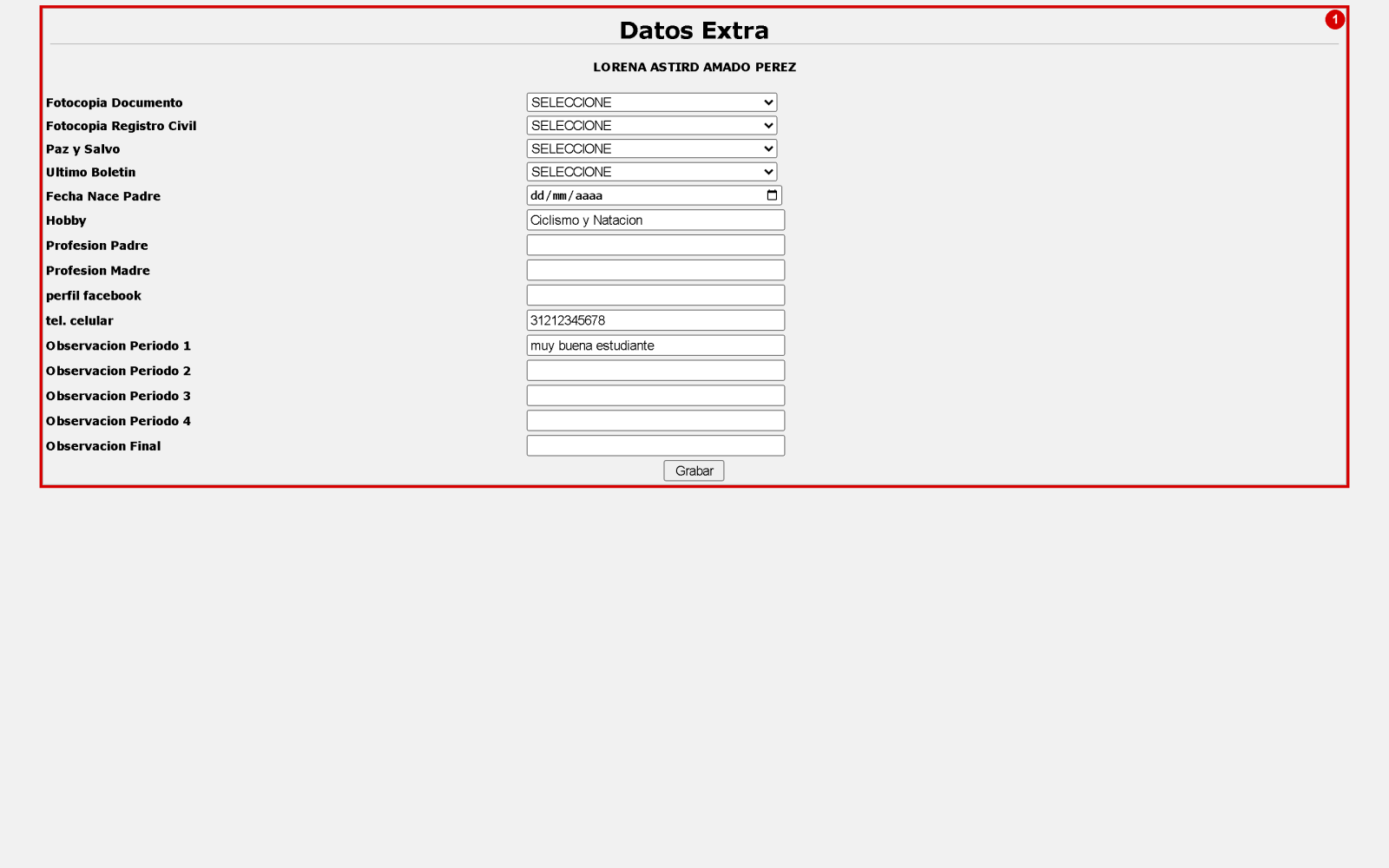 Ventana Datos Extra del alumno con campos adicionales