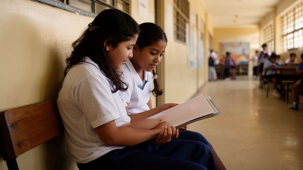 Madre e hija revisando juntas un sobre con documentos en el colegio
