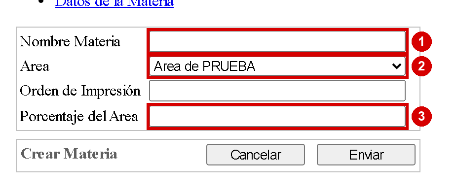 Formulario de materia con nombre, área y porcentaje del área