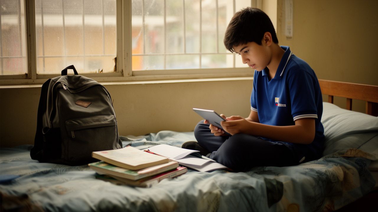 Estudiante consultando sus tareas en una tableta desde su casa
