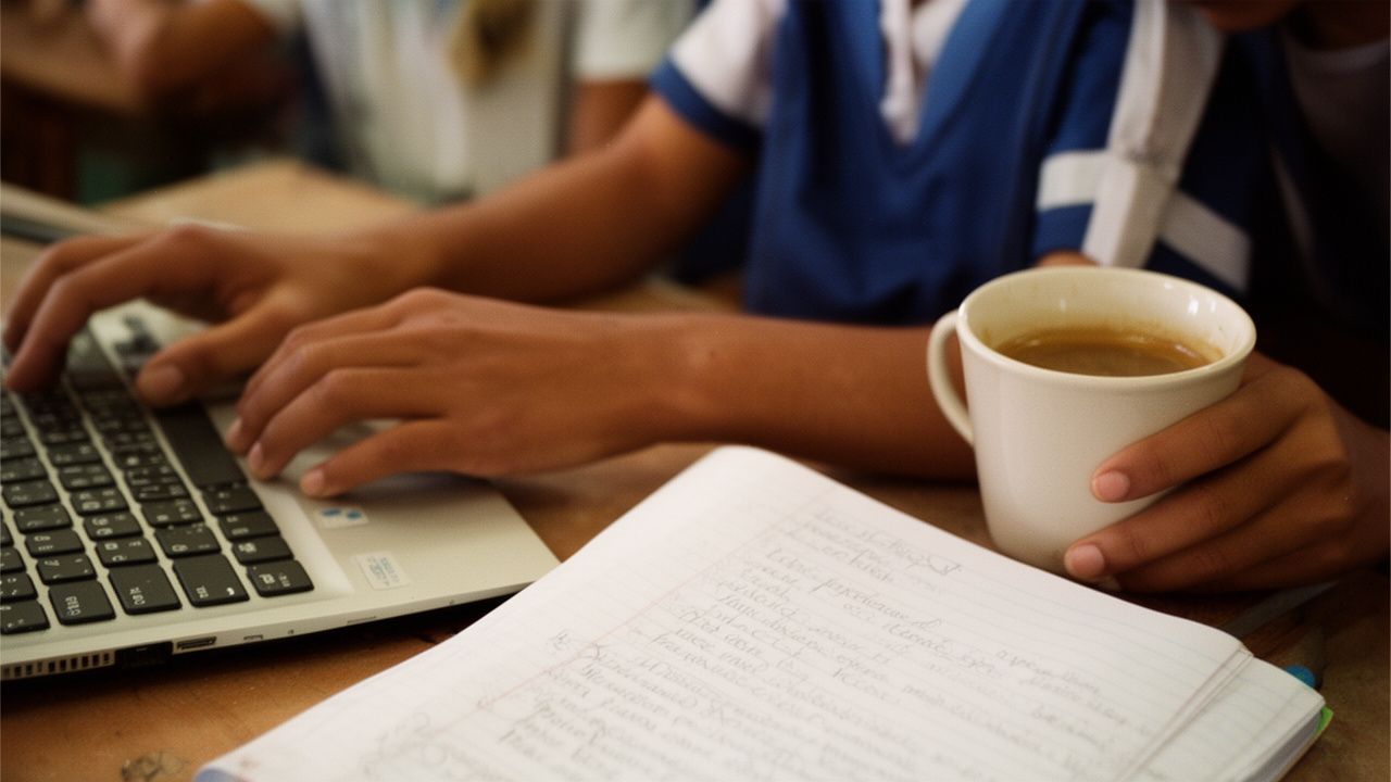 Manos de un docente trabajando en el portátil junto a su cuaderno
