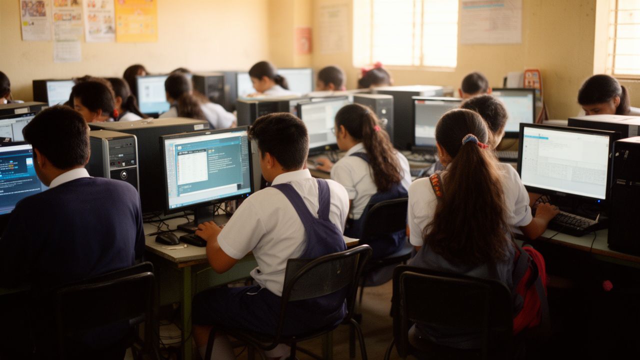 Estudiantes de secundaria trabajando en la sala de sistemas