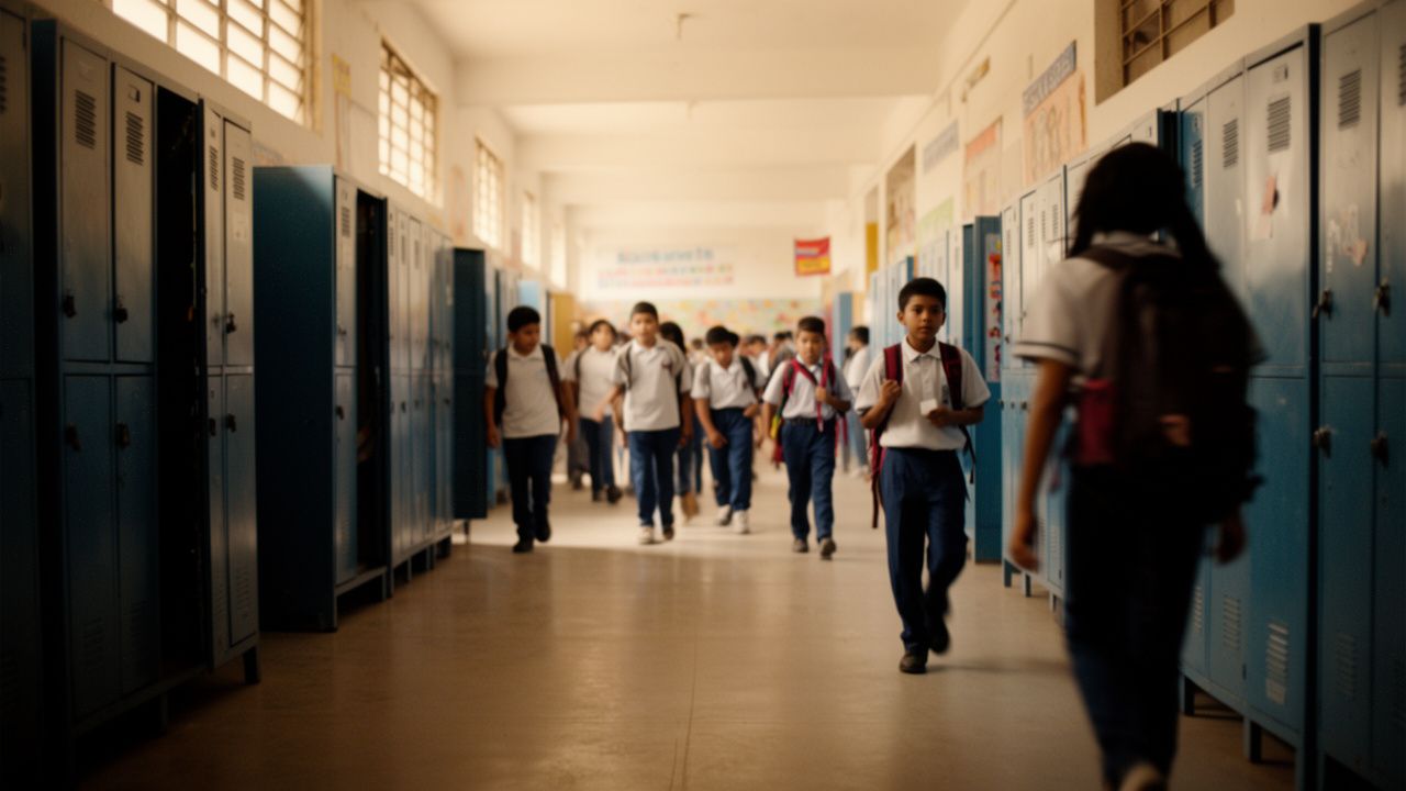 Pasillo de un colegio con casilleros y estudiantes caminando