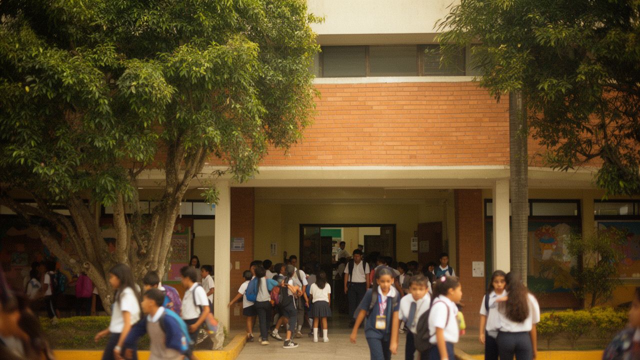 Entrada de un colegio moderno con estudiantes llegando