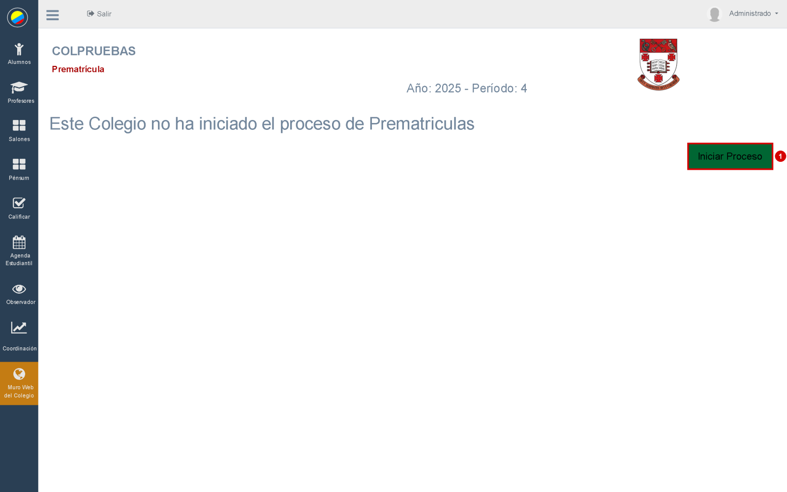 Módulo de prematrículas del colegio sin proceso iniciado