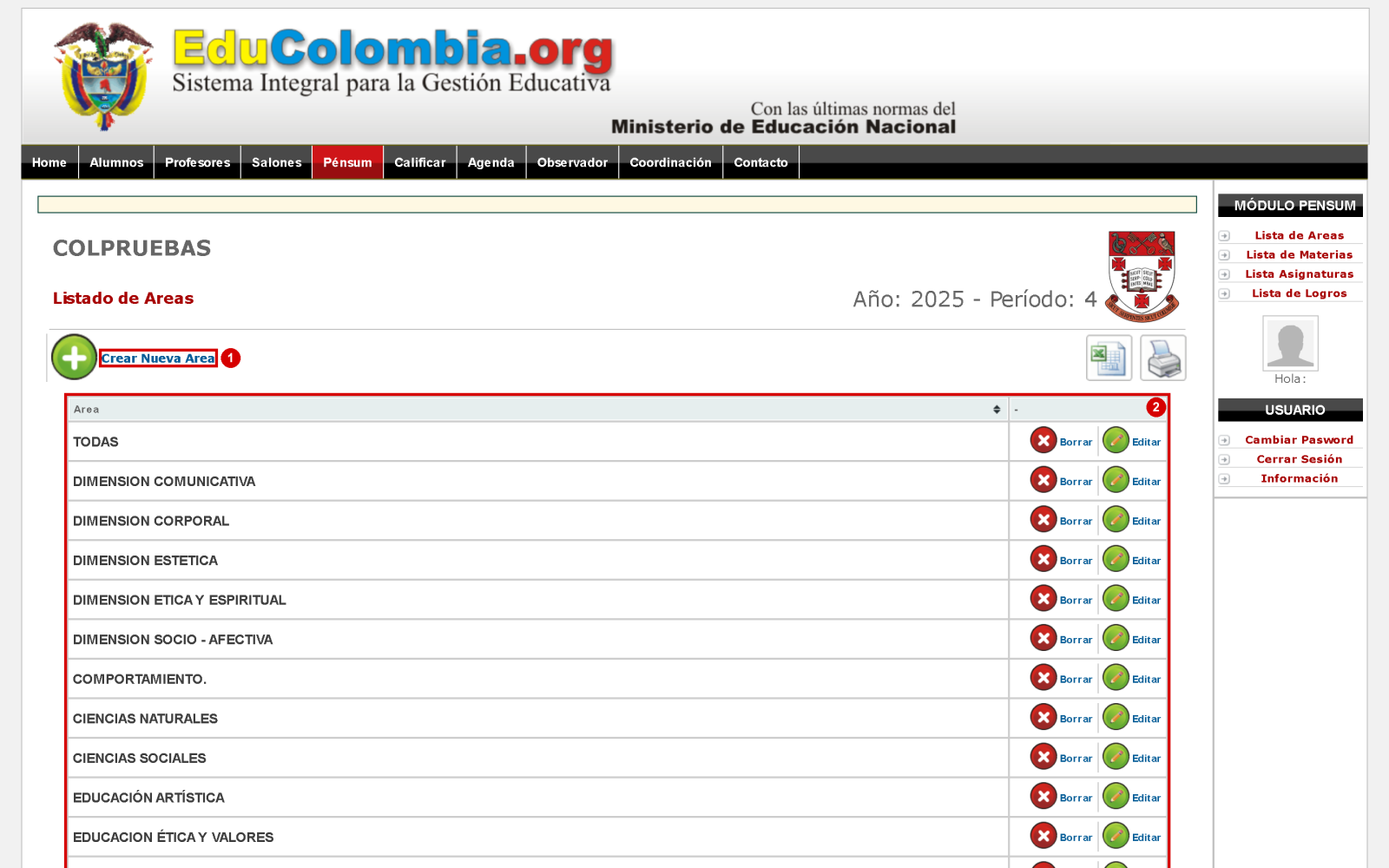 Listado de áreas del pénsum con el botón Crear Nueva Area