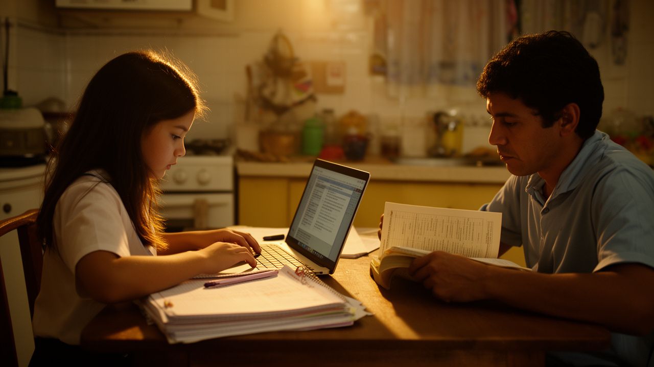 Padre acompañando a su hija mientras hace las tareas en el computador