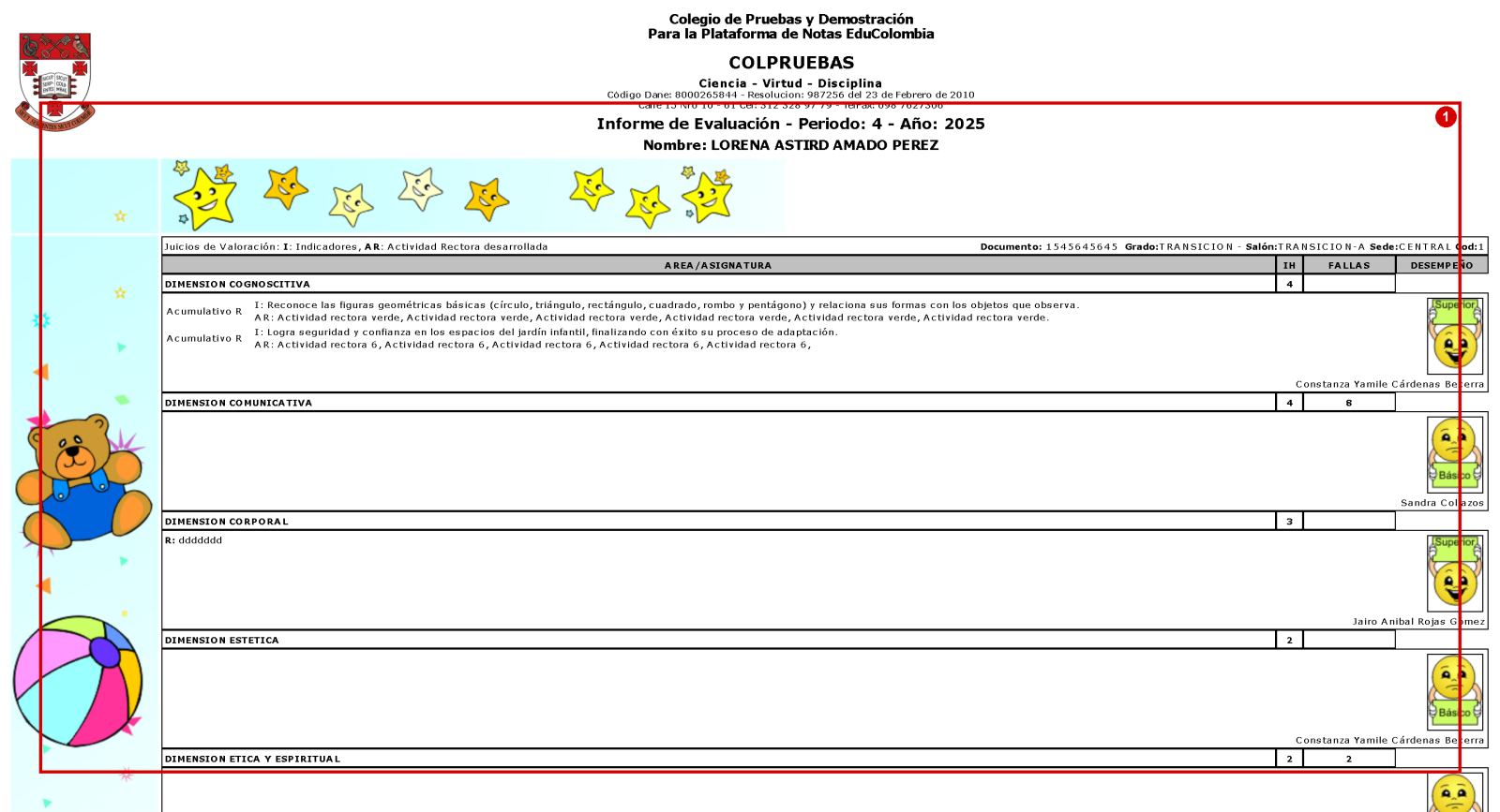 Boletín individual del alumno con sus áreas, logros y observaciones