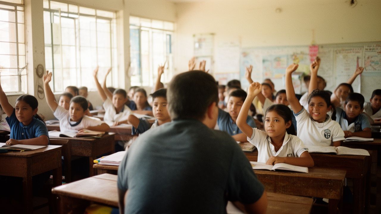 Estudiantes levantando la mano en un salón de clase