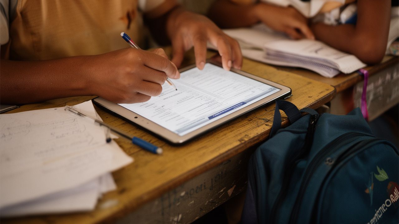Manos de un acudiente diligenciando el formulario de matrícula en una tableta