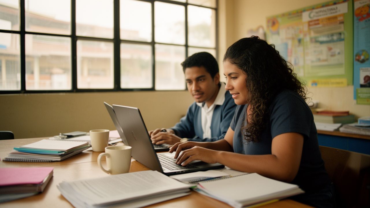 Docentes trabajando juntas en un portátil en la sala de profesores